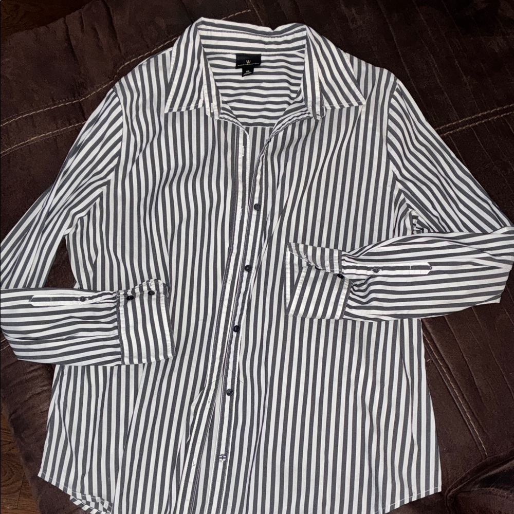 Worthington Black and White Striped Long-Sleeve Button-Down Shirt